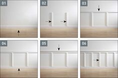 the steps to painting a room with white walls and wood flooring are shown in four different ways