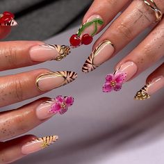 Ali the Nail Artist 🪷 | Spring sets forever please 🐅🍒🌺 • • • • • • • #nails #nailtech #lanailtech #nailart #nailartist #nailartaddict #3dnailart… | Instagram Spring Sets Nails, Gold Flowers Nails, Lily Nails Designs, Gel Manicure Nail Designs, Flower Gem Nails, Russian Nails Design, Nails Jamaica, Line Nails Design, Jamaica Nail Designs