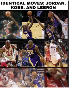 an image of basketball players collaged together with words that read identical moves jordan, kobe, and lebron