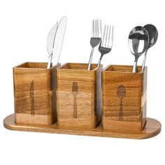 wooden utensils and spoons are in a holder