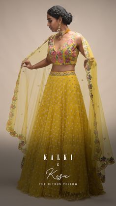 Citrus Lehenga And Crop Top With Resham Embroidered Spring Blossoms 