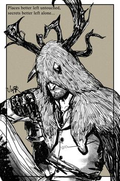 an ink drawing of a man with antlers on his head