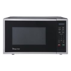 a black and silver microwave oven on a white background