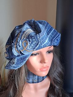 "I made this patchwork hat by upcycling  denim fabric sourced from various gently used denim garments . This  specific fabric has 2% elastin, light and breathable.  Lining  is 100% cotton.       All garments are thoroughly washed and steamed.   Consider, mannequin head is smaller than actual hat size. Beret size:M 23\"/ 58cm  4 \"/10cm in height, In diagonal 11\"/28cm. Pretty  BIG(I mean  wolume) hat. I added skinny  synthepon for volume and shape,  so this hat also will protect your head from hit or cold.  Hat  is universal  for  any weather, or any season,and you can wear it in your desirable style; many hats in one.  This hat is one of my \"Denim  Cupcake \" collection.  ALL HATS I MAKE ARE UNIQUE AND ONE OF A KIND.    This hat would make a perfect accessory and a wonderful gift. Washin Patchwork, Upcycle Wardrobe, Denim Garments, African Fabric Accessories, Africa Chic, Patchwork Hat, Ropa Upcycling, Denim Scraps, Sewing Hats