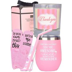 a pink gift set with a cup, socks and a bottle that says if you can read this bring me some reminders