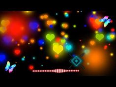 an image of colorful lights and hearts in the dark with butterflies flying over them on black background