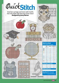 a cross stitch pattern with an apple and other school items on it, in the middle of