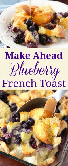 make ahead blueberry french toast in a casserole dish with a serving spoon