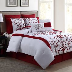 red and white comforter set in a bedroom