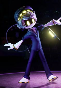 a cartoon character holding a tennis racquet on top of a purple floor in front of a black background