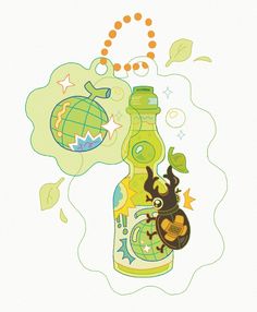 an illustration of a bottle with a bird on it and a globe in the background
