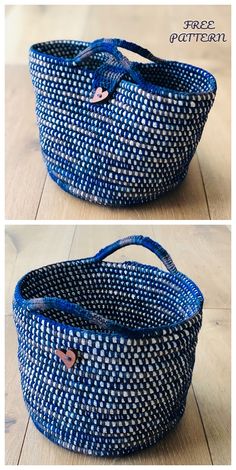 two pictures of a blue and white basket on a wooden floor with text overlay that says free pattern