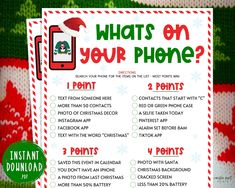 a christmas phone list with the text what's on your phone? in green and red