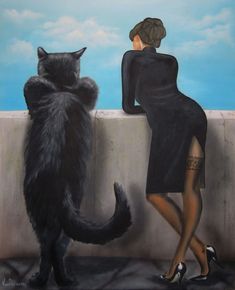 a painting of a woman sitting on a ledge next to a black cat