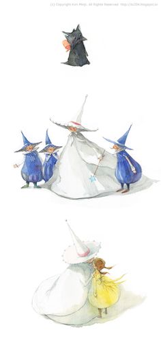 three different illustrations of witches in white and blue