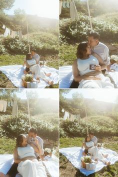 a man and woman are sitting on a blanket in the grass, having a picnic