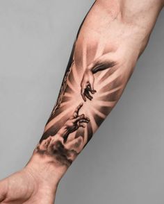 a man's arm with a tattoo on it and an image of jesus riding a horse