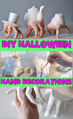 hand decorations are being made to look like elephants and cats, with the words diy halloween hand decorations above them