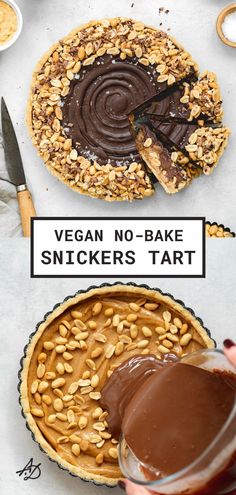 chocolate peanut butter tart and pouring chocolate ganache over peanut caramel. Raw Vegan Desserts, Vegan Snickers, Vegan Tarts, Vegan Baking Recipes, Vegan Desert, Vegan Pie, Vegan Bakery, Desserts Vegan, Raw Desserts