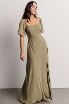 Our cute maxi dress is made of lightweight chiffon material and comes in our dusty olive color. This dress has a smocked back bodice and a sweetheart neckline. Olive Green Bridesmaid Dresses, Bridesmaid Dresses With Sleeves, Cute Maxi Dress, Fall Wedding Guest Dress, Baltic Born, Olive Green Dresses, Guest Attire, Green Bridesmaid Dresses, Dress Dusty