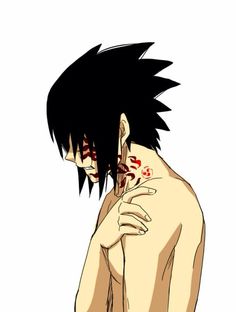 an anime character with black hair and blood on his face