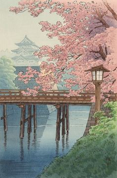 a painting of a bridge over water with cherry blossoms on the trees and in the background is a pagoda