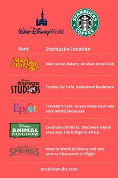 the menu for starbucks's location in disney world, including starbucks coffee and starbucks latte