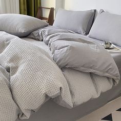 Light Luxury Waffle Pure Cotton Washed Soft Four-Piece Bed Set - Harmony Gallery Gray Bed Set Ideas, Bed Sheet Ideas Bedrooms, Elegant Bed Set, White And Grey Bedding, Gray Bed Set, Bedding Gray, Elegant Bedding Sets, Grey And White Bedding, Elegant Bed