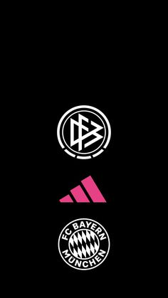 the logos of several soccer teams are shown in black and pink colors on a dark background