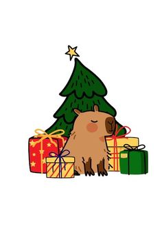 a brown dog sitting in front of a christmas tree with presents under it and a star on top