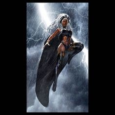 a woman dressed in black is flying through the air with lightning behind her and she has an umbrella over her head