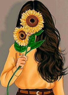 a painting of a woman with long hair holding a sunflower in front of her face