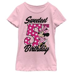 Who knew that dressing "mousey" could be so cute!? Celebrate Walt Disney's most iconic character with this officially licensed Minnie Mouse Sweetest 6th Birthday Dots Girls' T-Shirt! This cute girls' tee features a graphic of Minnie Mouse in a pink polka-dot dress alongside the birthday greeting "Sweetest 6th Birthday" on the front. Dress in style this birthday with a new graphic tee today that is perfect for Disney fans everywhere! Size: xl. Color: light pink - 5th. Gender: female. Age Group: k Disney Girls, Birthday Toddler Girl, Pink Polka Dot Dress, Minnie Mouse Girl, Birthday Tshirts, Graphic Tee Design, Mickey Mouse And Friends, Birthday Greeting, Mickey And Friends