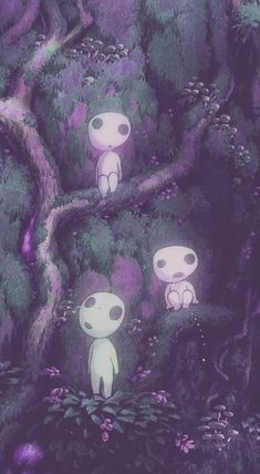 an alien scene is shown in the middle of a forest with trees and purple hues