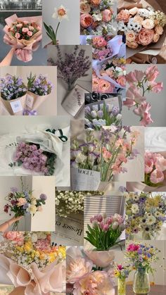 a collage of pink and purple flowers in vases, cards, and napkins