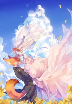 an anime character is flying through the air with her tail in front of sunflowers
