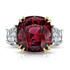 18.37ct Cushion red spinel with 1.35ctw of trapezoid diamonds set in a platinum and 18k yellow gold ring. Trillion Cut Diamond Ring, Three Stone Wedding Ring, Edwardian Diamond Ring, Fancy Diamond Ring, Pear Cut Diamond Ring, Stone Wedding Ring, Cushion Cut Diamond Ring, Christmas Gift For Women, Red Cushion