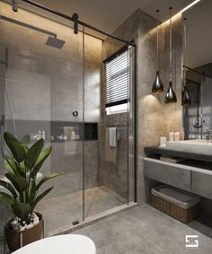 a bathroom with a shower, sink and large mirror in the corner next to a bathtub