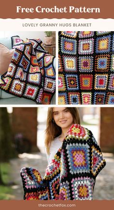 a woman holding up a crocheted granny's life blanket in front of a couch