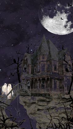 an old house with two ghost figures in front of it and a full moon above