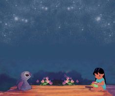 two cartoon characters sitting at a table in front of a night sky with stars above them