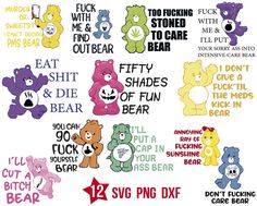 some teddy bears with different sayings on them and one has a bear in the middle