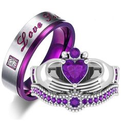 two wedding rings with purple stones and the words love are on each ring, surrounded by hearts