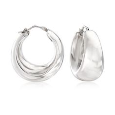 Ross-Simons - Italian Sterling Silver Graduated Hoop Earrings. 1 1/8". Crafted in Italy, these hoop earrings have a bold look and comfortable feel in polished sterling silver. You'll never want to take them off! Hanging length is 1 1/8". Snap-bar, sterling silver hoop earrings. Small Silver Hoop Earrings, Earrings Outfit, Triple Hoop Earrings, Flamingo Earrings, Chunky Hoop Earrings, Luxury Earrings, Big Hoop Earrings, Colorful Earrings, Sterling Silver Hoop Earrings