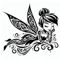 a black and white drawing of a fairy sitting on top of a leaf with swirls