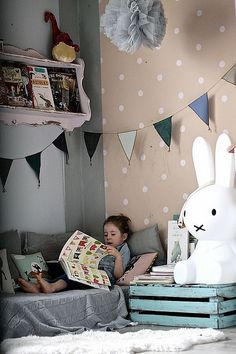 kids room by Paul+Paula, via Flickr - love the children's room with the reading corner and spotty wallpaper Spotty Wallpaper, Mommo Design, Reading Nook Kids, Real Moms, Cozy Reading Nook, Big Girl Rooms, Toddler Room