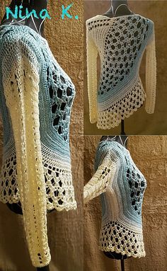 three pictures of the same crocheted sweater, one with an open back and two without