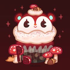 a red cupcake with white frosting and mushrooms on it's face, surrounded by stars