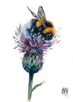 a painting of a bee sitting on top of a purple flower with watercolors