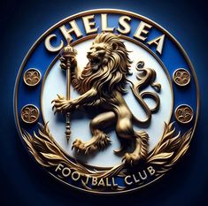 the chelsea football club logo is shown in gold and blue on a dark background,